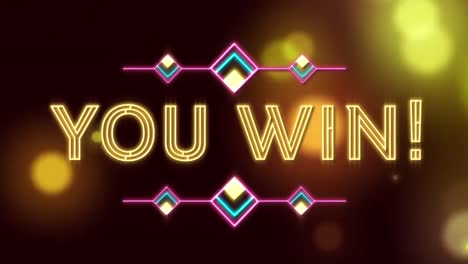 digital animation of neon you win text against golden spots on light on dark background