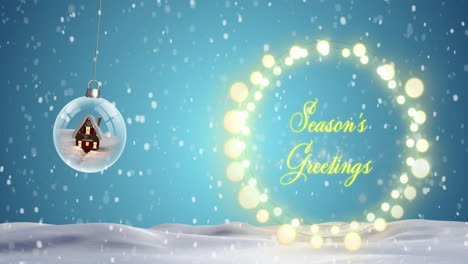 Animation-Von-Fallendem-Schnee-über-Hängenden-Schneebällen-Und-Text-Mit-Weihnachtsgrüßen-über-Einem-Banner-Mit-Lichterketten