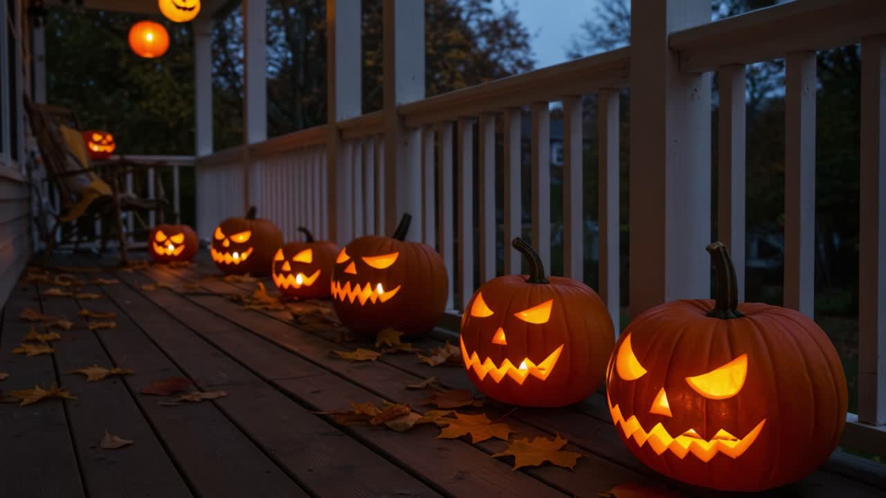 Row of Glowing Jack-o'-Lanterns on a Porch at Night