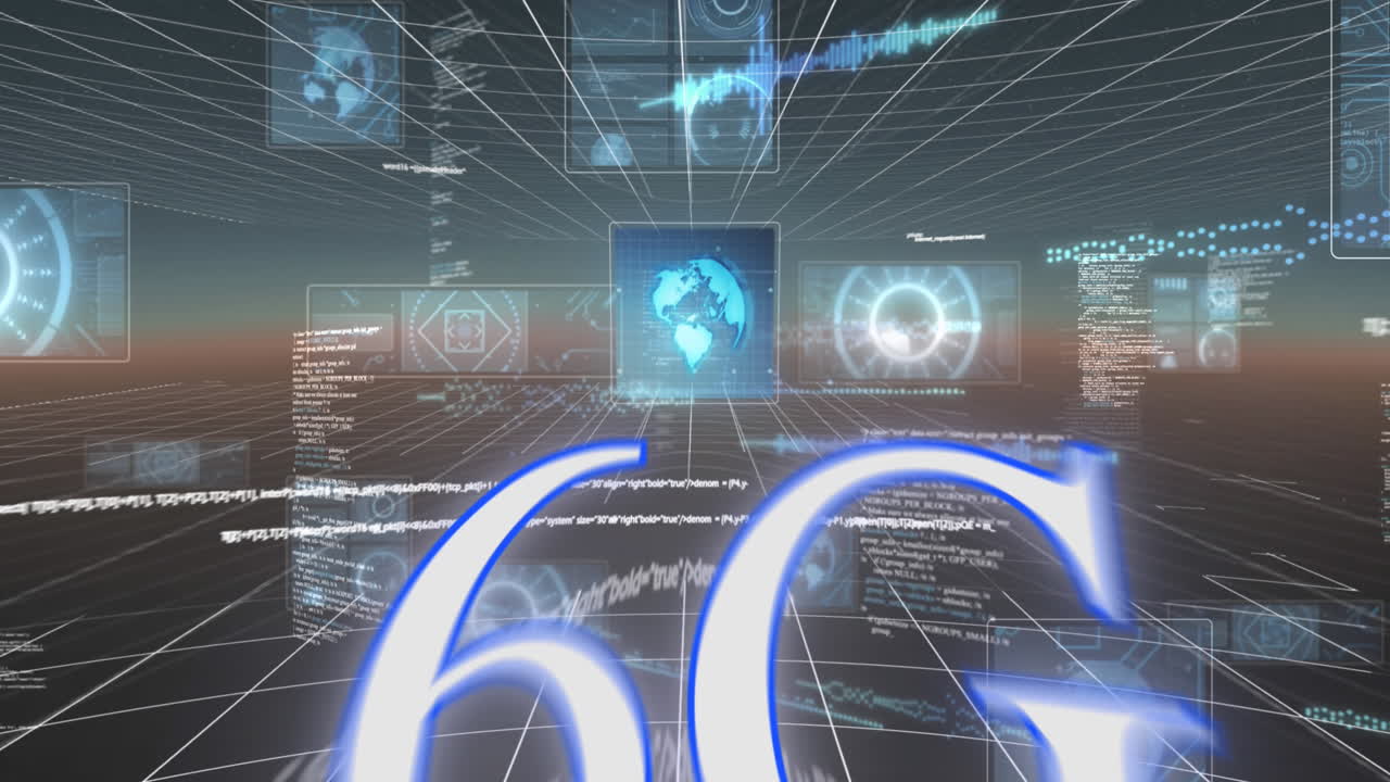 animazione di testo 6g e interfaccia con tabelle, informazioni e globi su sfondo nero