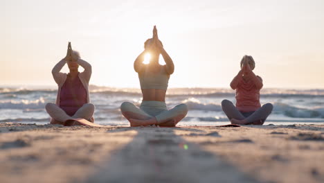 Beach-yoga-class,-sunset-and-meditation-instructor