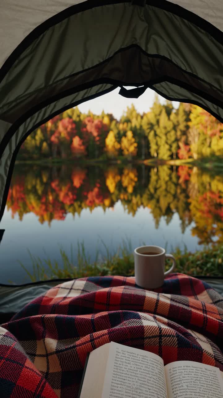 POV video style from inside a tent, overlooking a serene lake with autumn trees, a cozy blanket