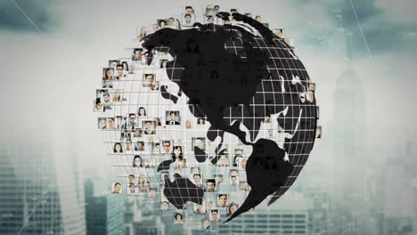 animation of globe with diverse business people icons over cityscape