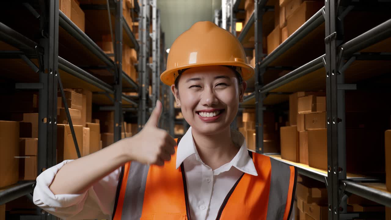 창고 노동자가 엄지손가락을 올리고