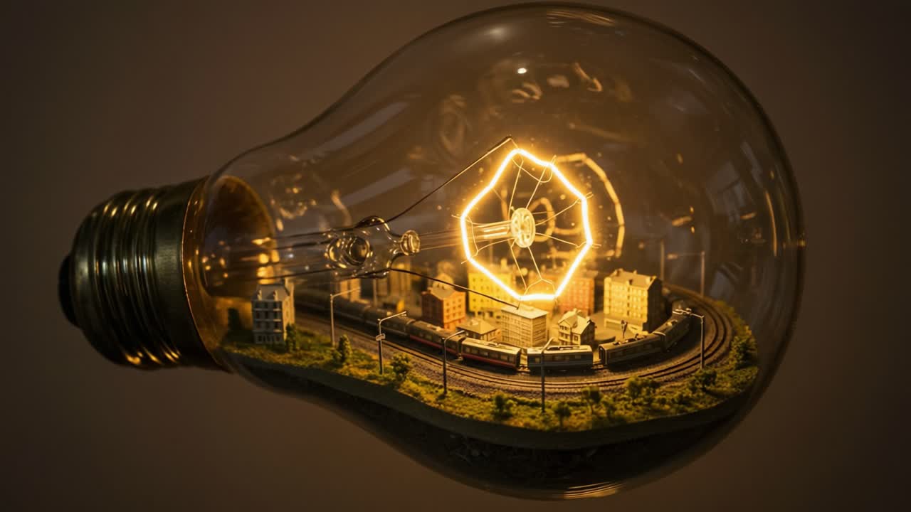 A Unique Conceptual Light Bulb Design Showcasing an Intricate Minature City Inside, Blending Illumination with Urban Architecture in a Captivating Visual Experience