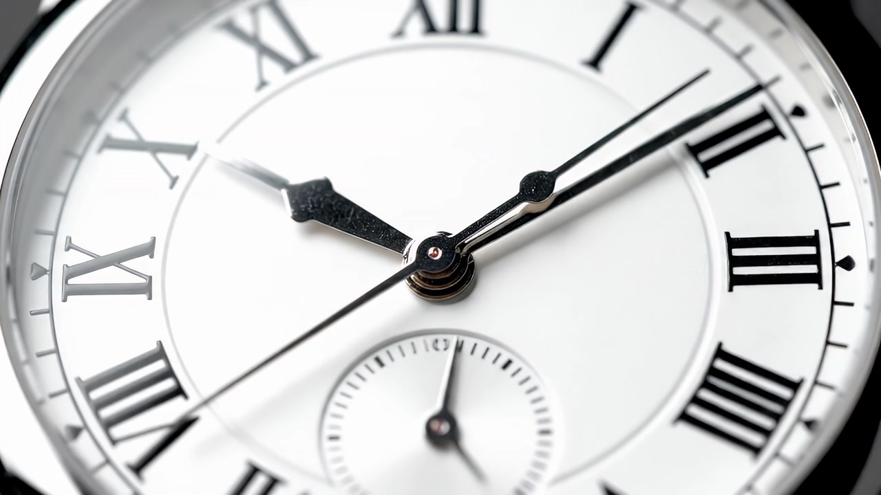 Primo piano di un quadrante di orologio analogico classico con lancette in movimento