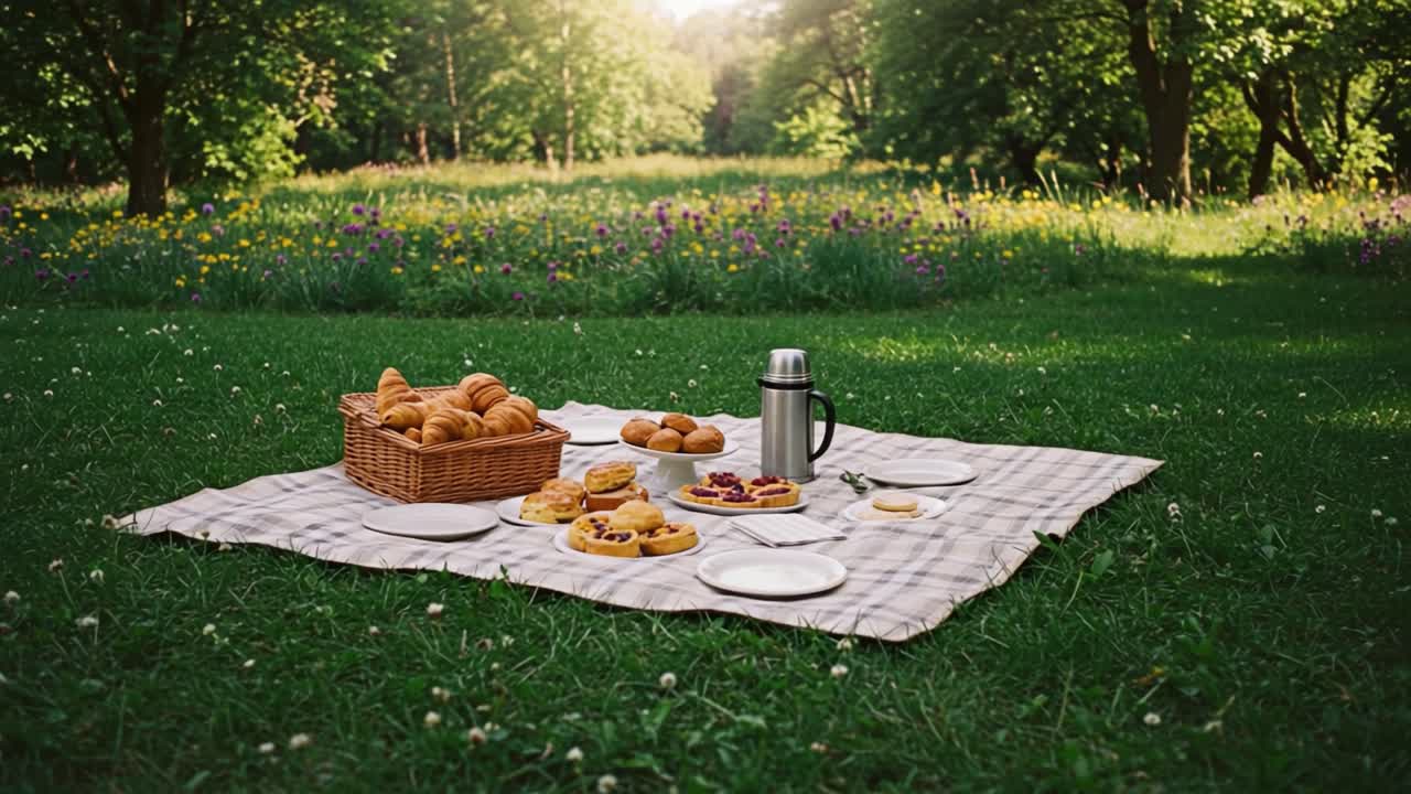 A delicious picnic spread laid out on a checkered blanket in a sunny park amidst wildflowers