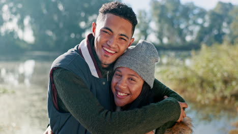 happy couple, hug and love in nature for holiday