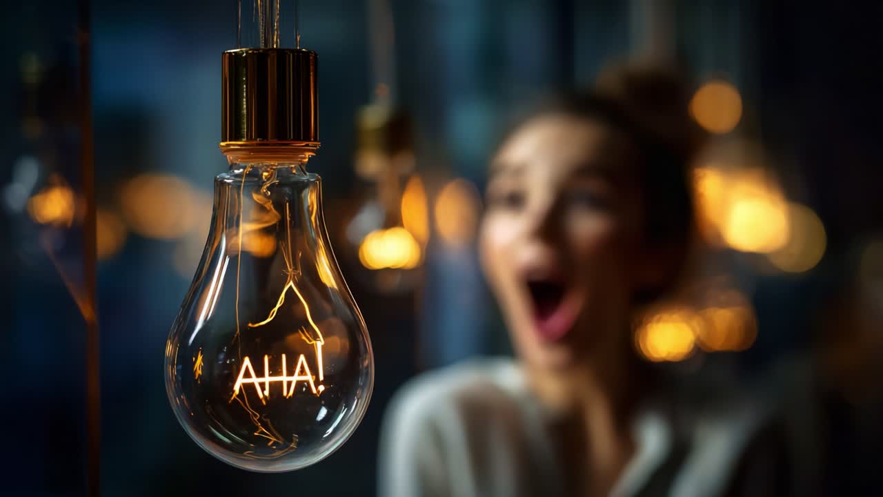 A Captivating Moment of Discovery featuring a Bright Light Bulb with the Word 'AHA!' Illuminated, Symbolizing Inspiration and Enlightenment Amidst a Softly Lit Background