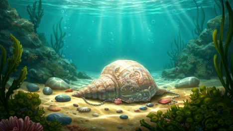 a serene underwater scene featuring an enormous, detailed seashell resting on the ocean floor surrounded by colorful coral and glittering light beams