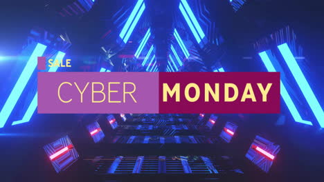 Animation-Des-Cyber-Monday-Textes-über-Neonfarbenem-Musterhintergrund