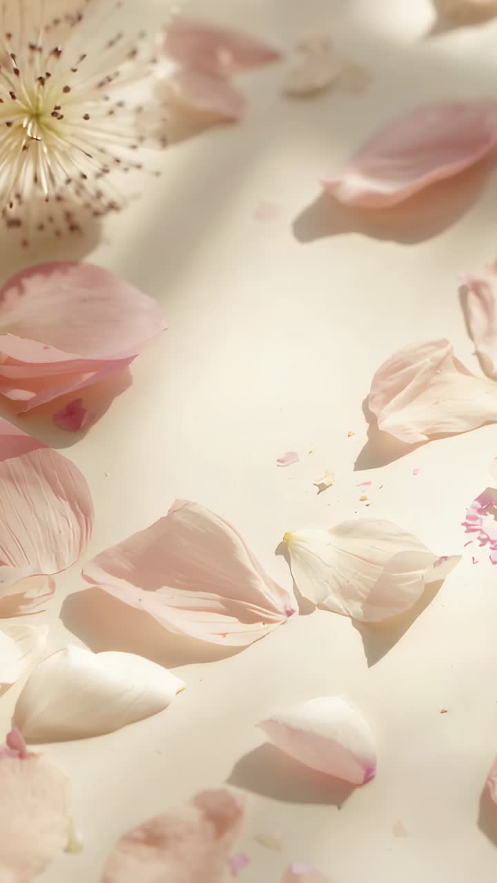 Video verticale: La luce del sole che si sposta attraverso la finestra proietta ombre su petali rosa con stami.