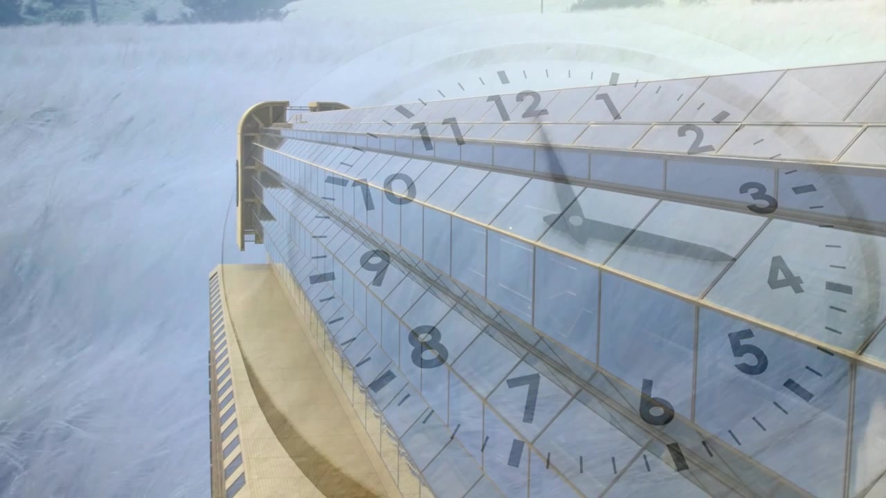 Klokoverlay verschijnt, wijzers vegen over reflecterende vleugelpanelen, vluchttijd markeren.