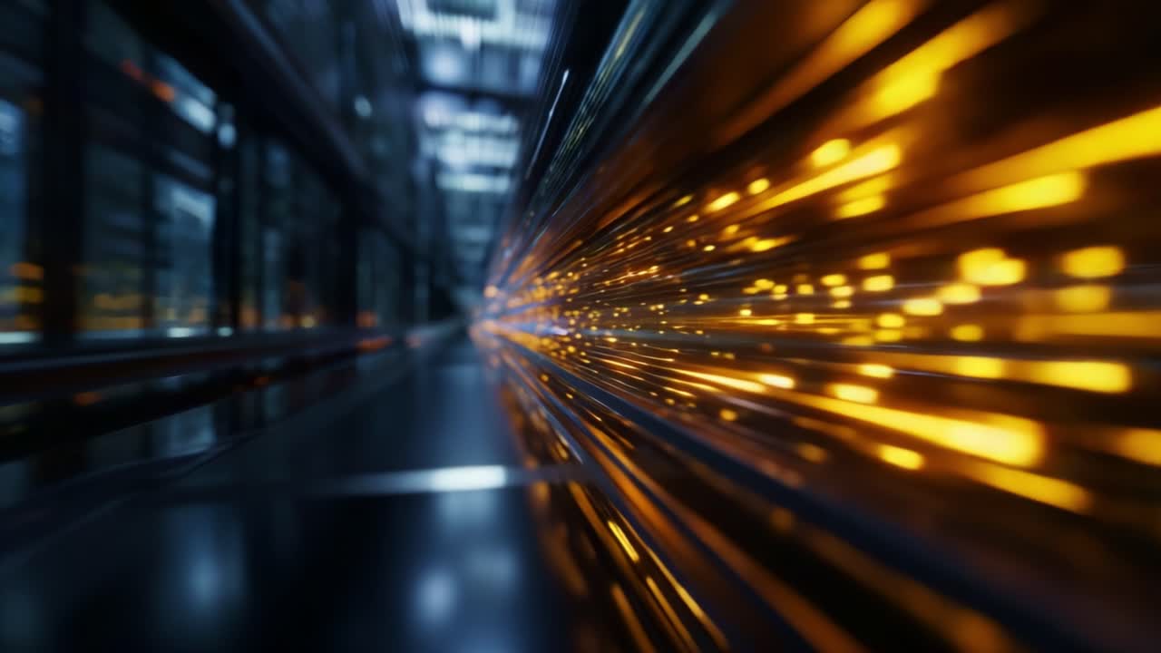 Movimento dinamico attraverso un corridoio futuristico con luci radiose che evoca un senso di velocità e innovazione, catturando l'essenza della tecnologia avanzata e del flusso di energia