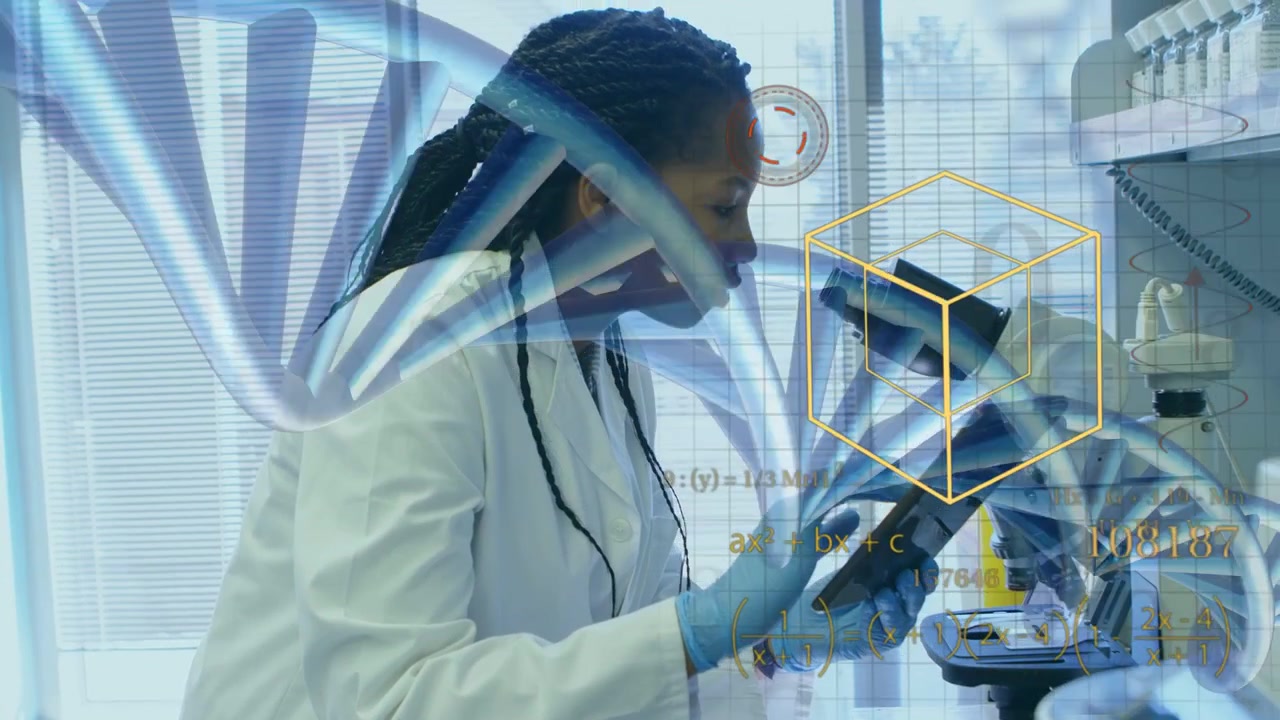 Woman lab tech tapping tablet, initiating DNA and cube overlays while using microscope for analysis