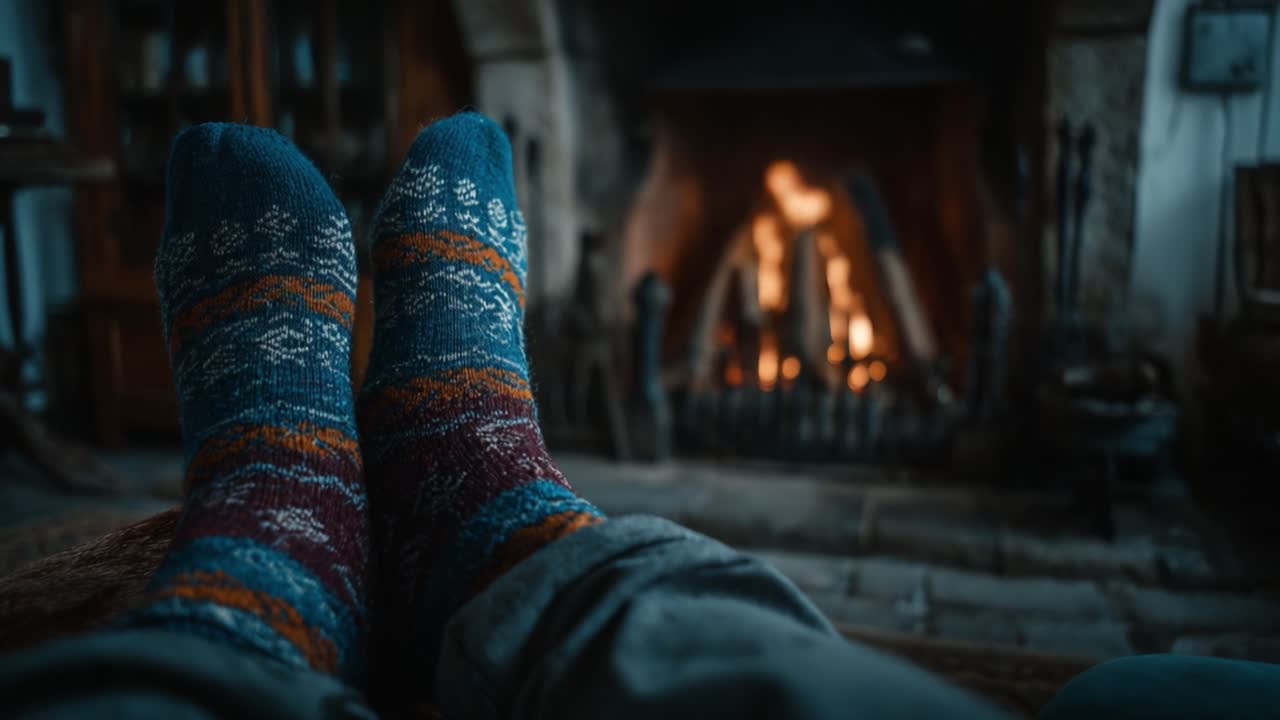 Cozy Winter Evening by the Fire: A Warm and Inviting Scene with Colorful Socks Relaxing in Front of a Crackling Fireplace