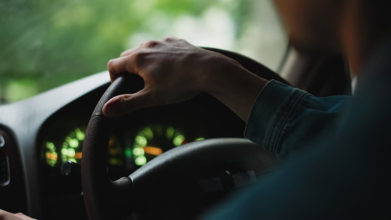 Closeup hands on steering wheel, steady grip on leather wheel, illuminated speedometer, denim sleeve visible, blurred green trees outside window, calm commuting mood and focused control
