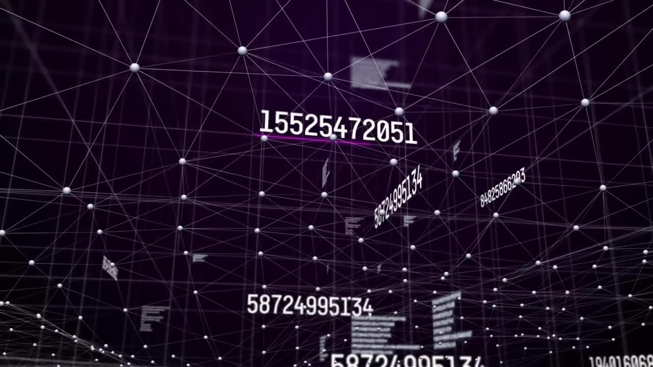 Animation of changing numbers, graphs and connected dots over abstract background