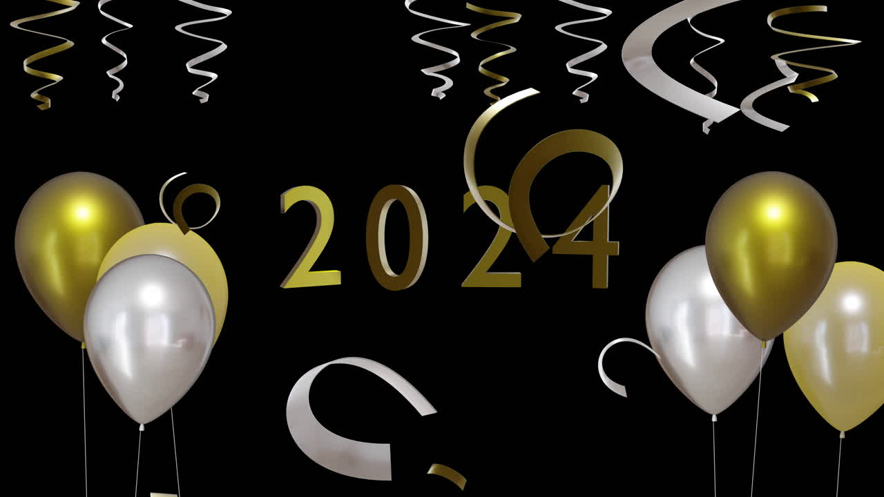 animación de texto de 2024, corrientes de oro y plata, globos sobre fondo negro