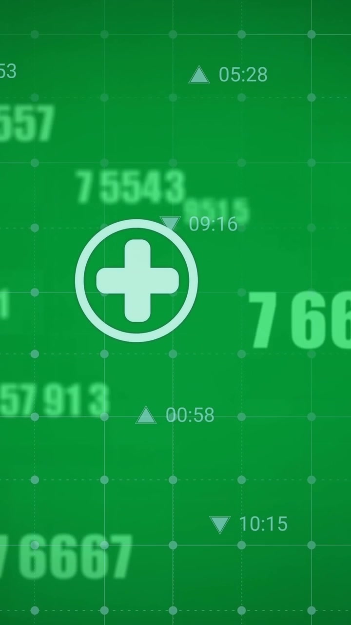 Digital animation of multiple changing numbers and digital icons against grey background