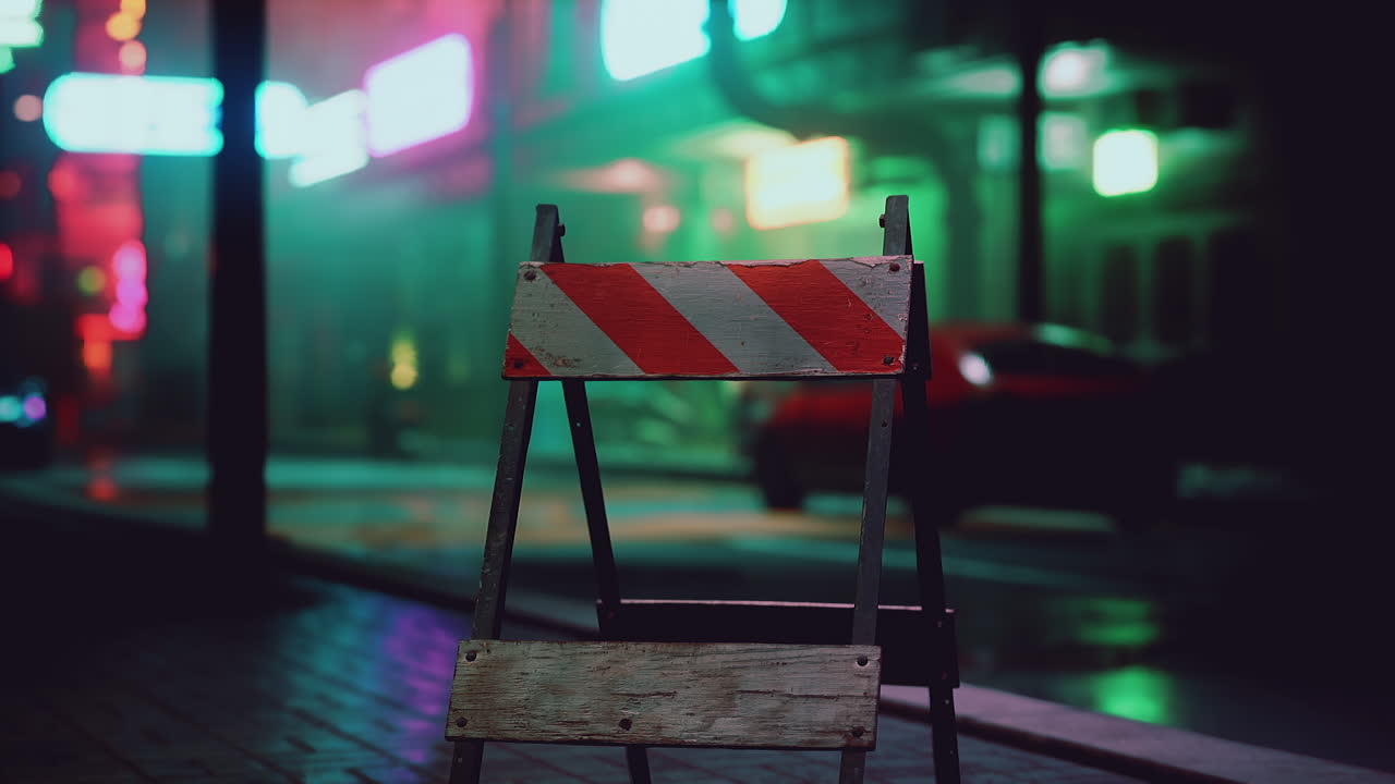 Red and White Striped Barricade in a Foggy City Street at Night