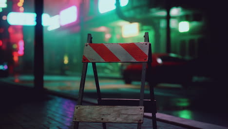 red and white striped barricade in a foggy city street at night