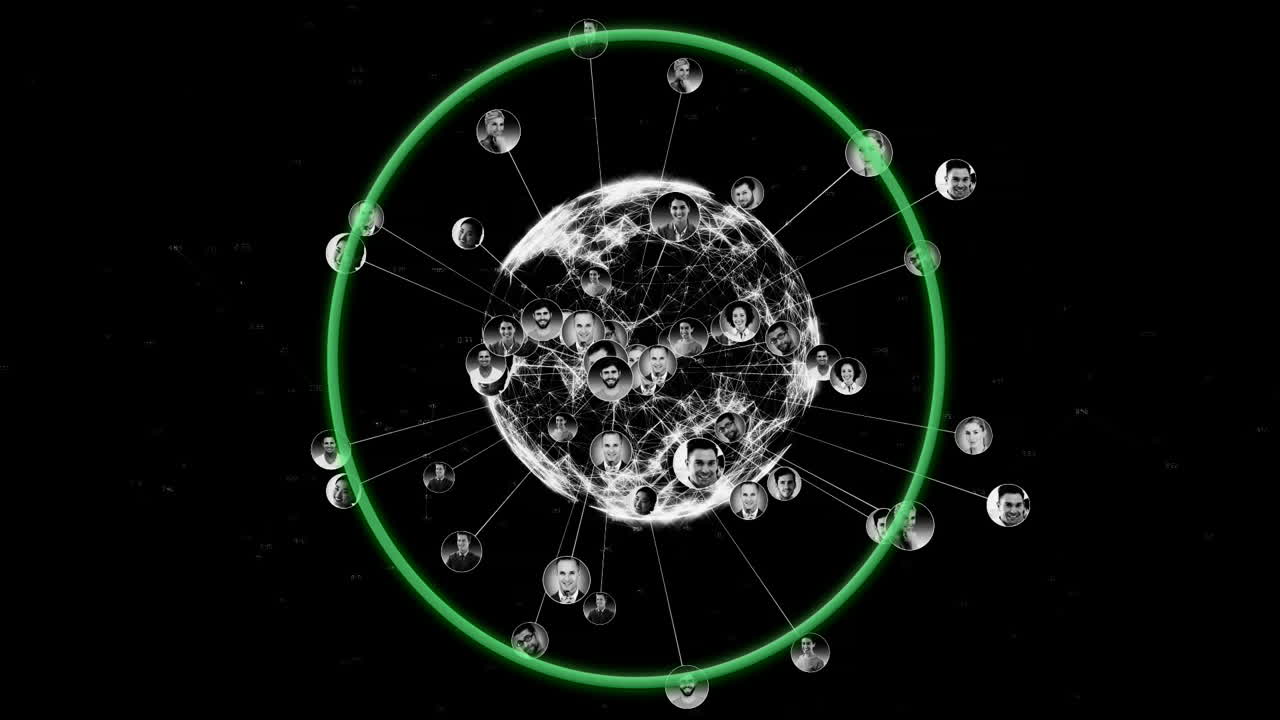 녹색 원으로 전 세계에 연결된 사람들의 네트워크 애니메이션