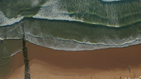 Brown-Beach-and-Green-Ocean-with-Rock-Wall-formation-and-few-Surfers-and-People-at-Sunset,-Slow-Aerial-Birds-Eye-View-lowering-Top-Shot