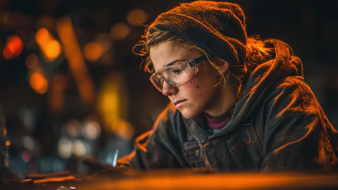 An Intense Focus on Craftsmanship: A Young Individual Engaged in Creating Something Remarkable within a Warm, Industrial Environment