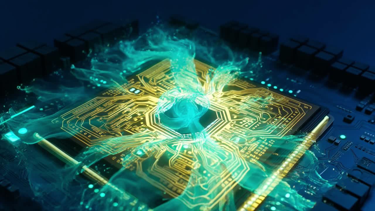 Digital processor med grøn energi strømmende på printplade