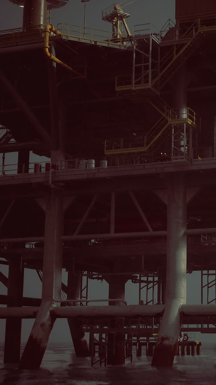Arbejdere bevæger sig rundt på en olieboreplatform over havet