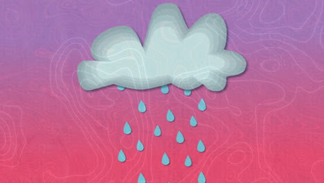 animación de nube con lluvia sobre líneas blancas sobre fondo púrpura.