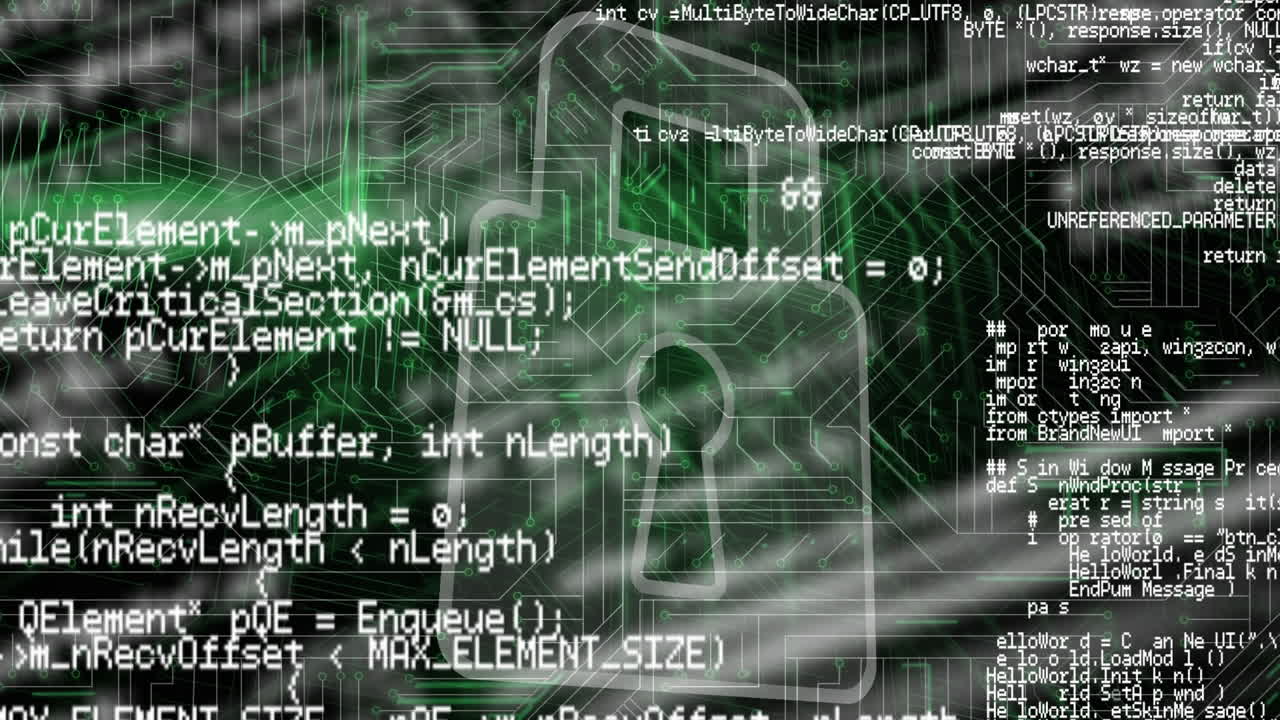 Animation of online security padlock with data processing in background