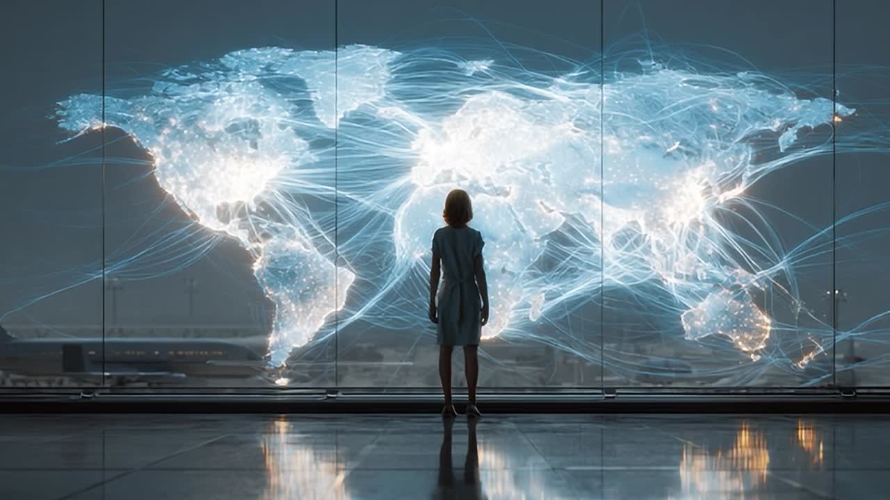 Žena s digitální mapou světa v moderní kanceláři