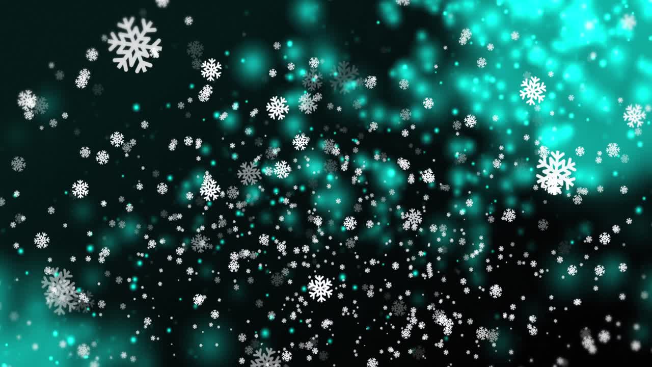 Animation of snowflakes and snow falling over green and black background
