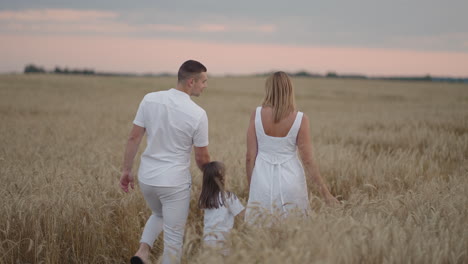 cámara lenta: familia feliz de agricultores con un hijo caminan por el campo de trigo. madre saludable padre e hija pequeña disfrutando de la naturaleza juntos al aire libre.