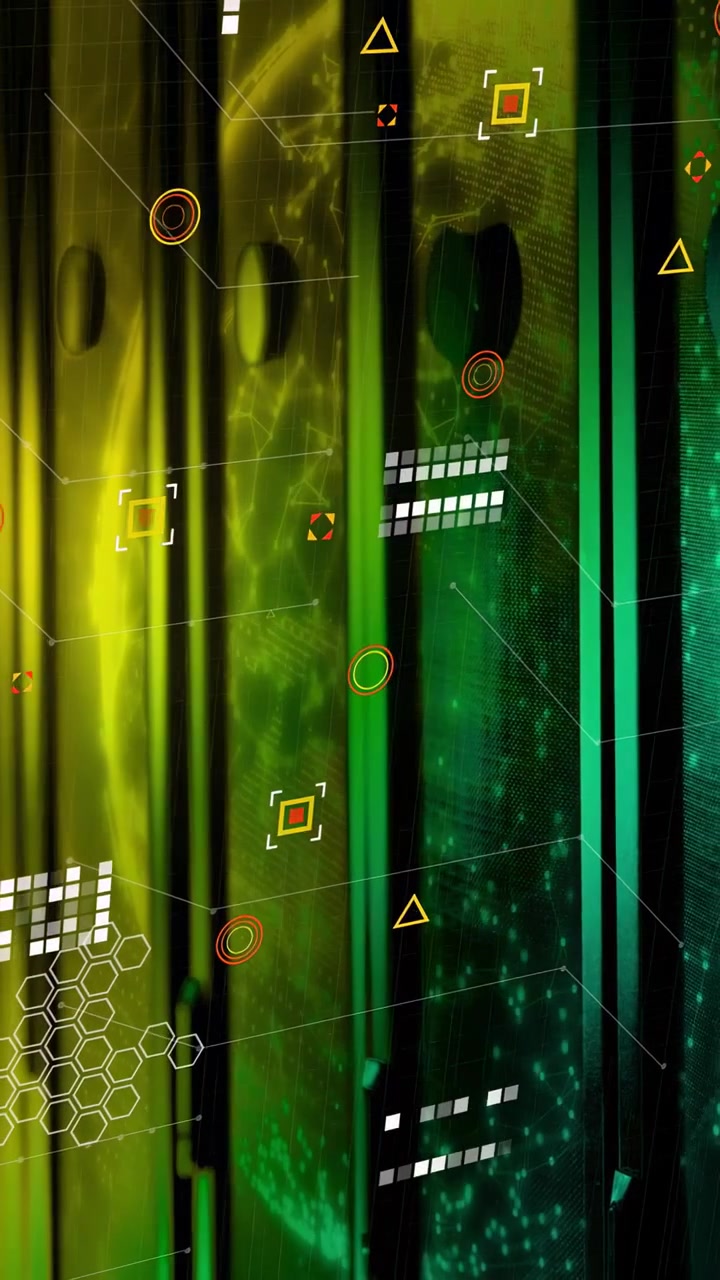 Vertical video: Metallic panels receiving data, spawning HUD matrix and targets for tech analysis