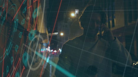 animación de procesamiento de datos financieros sobre el hombre caucásico en la ciudad