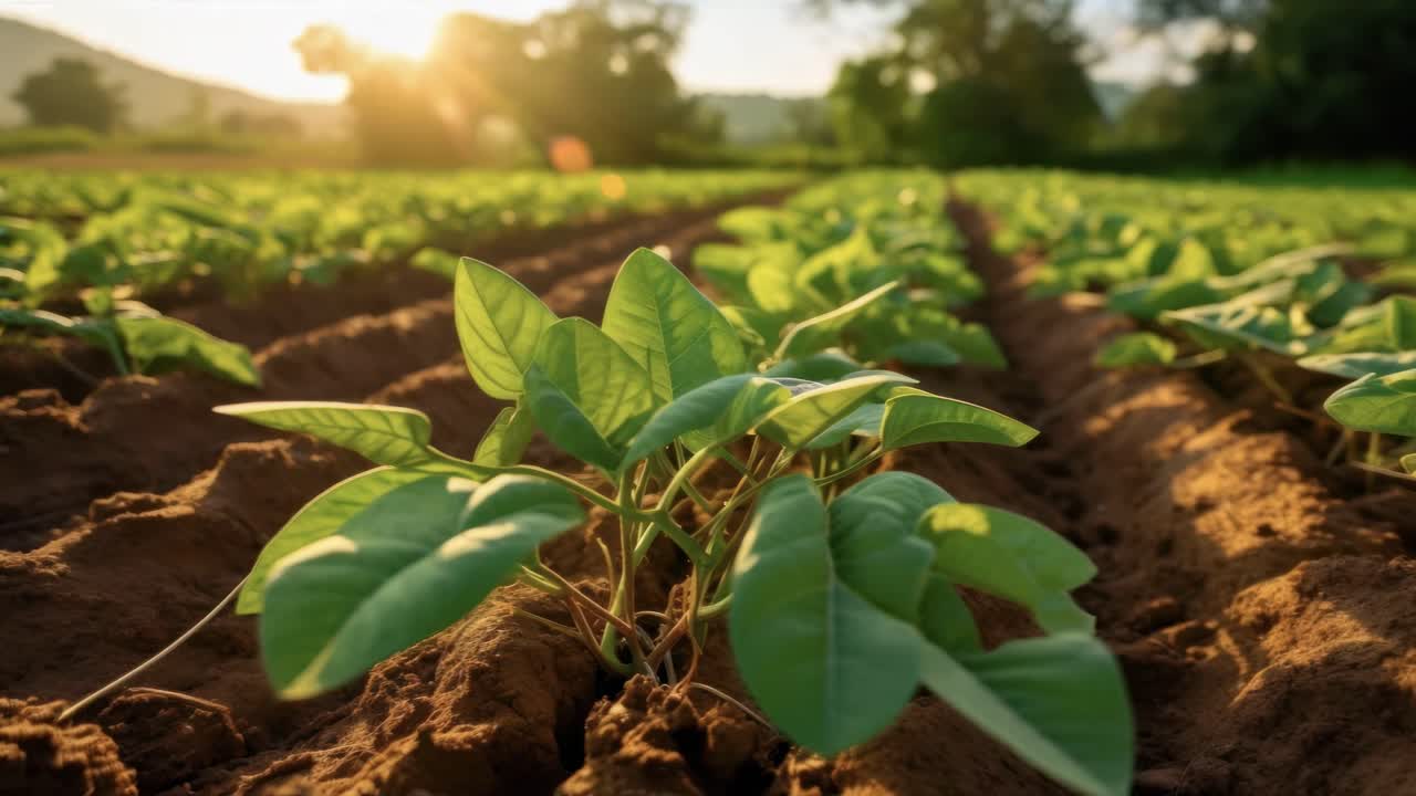 Low-angle video of young plants in a sunlit field, capturing vibrant green leaves and rich soil