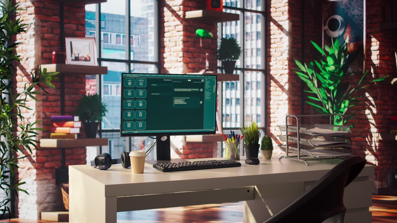 홈 오피스의 pc에 있는 aim 채팅  소프트웨어 인터페이스가 가상 어시스턴트를 보여줍니다.