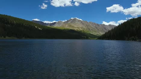 aerial: drone flies over blue lake in front of a beautiful colorado mountain