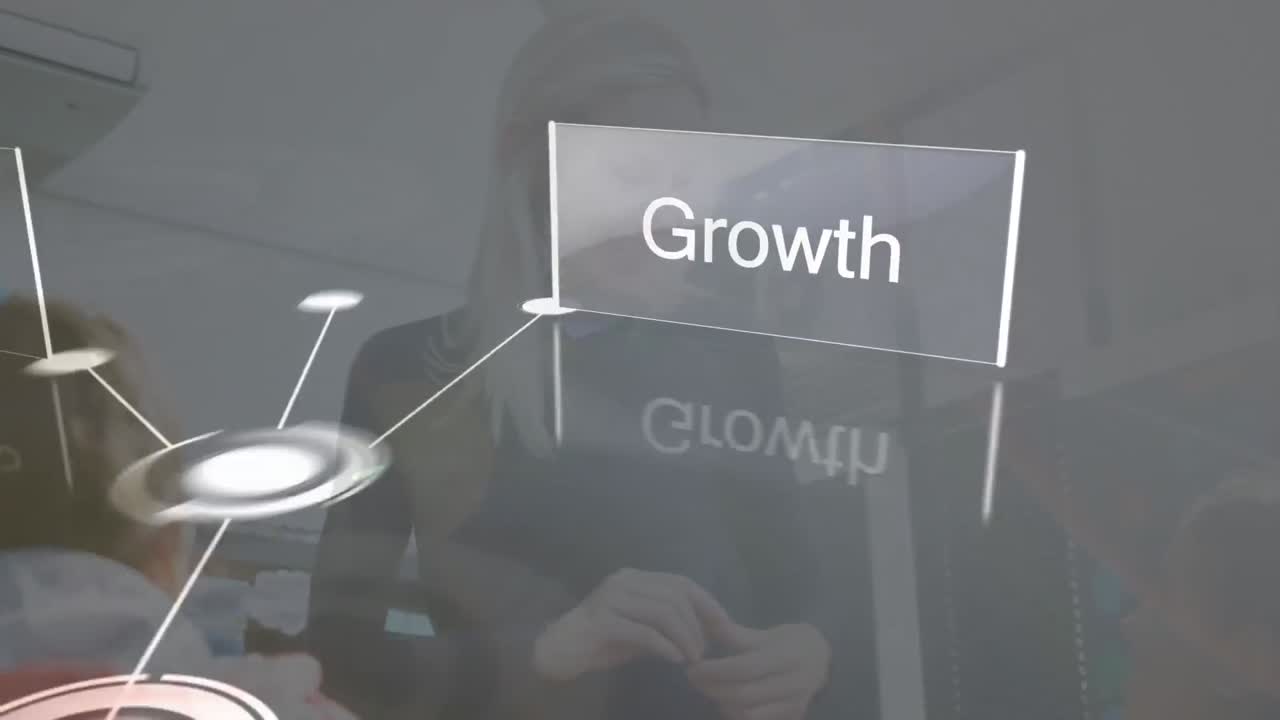 Animation of business, growth and innovation over caucasian female teacher during lessons
