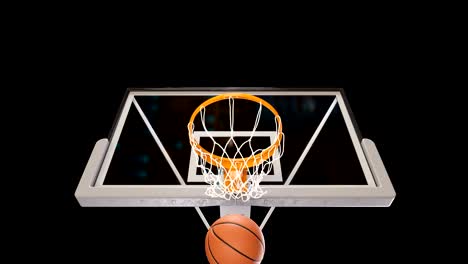 professional throw basketball hoop slow motion view from player. beautiful ball flies into basket net black background and green screen. sport concept. 3d animation alpha matte 4k uhd 3840x2160.