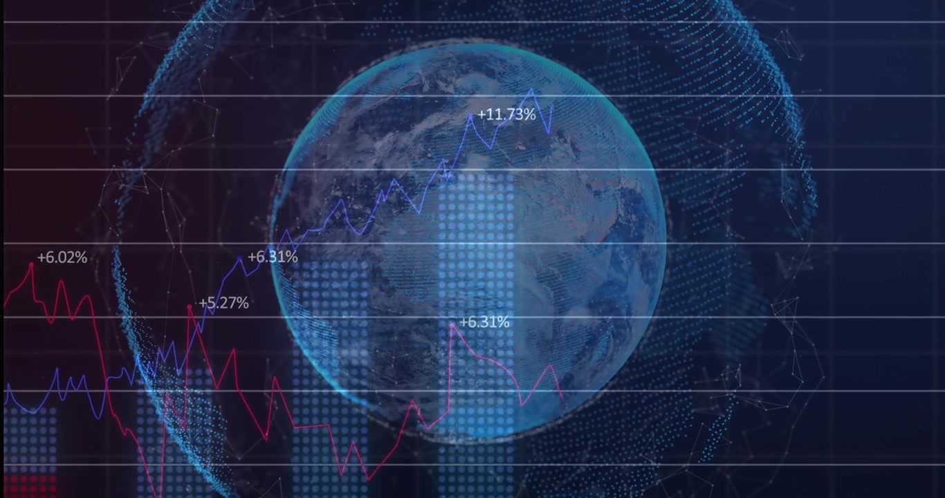 Grid lines appearing, 3D globe rotating, red and blue lines drawing, bars rising to show trends