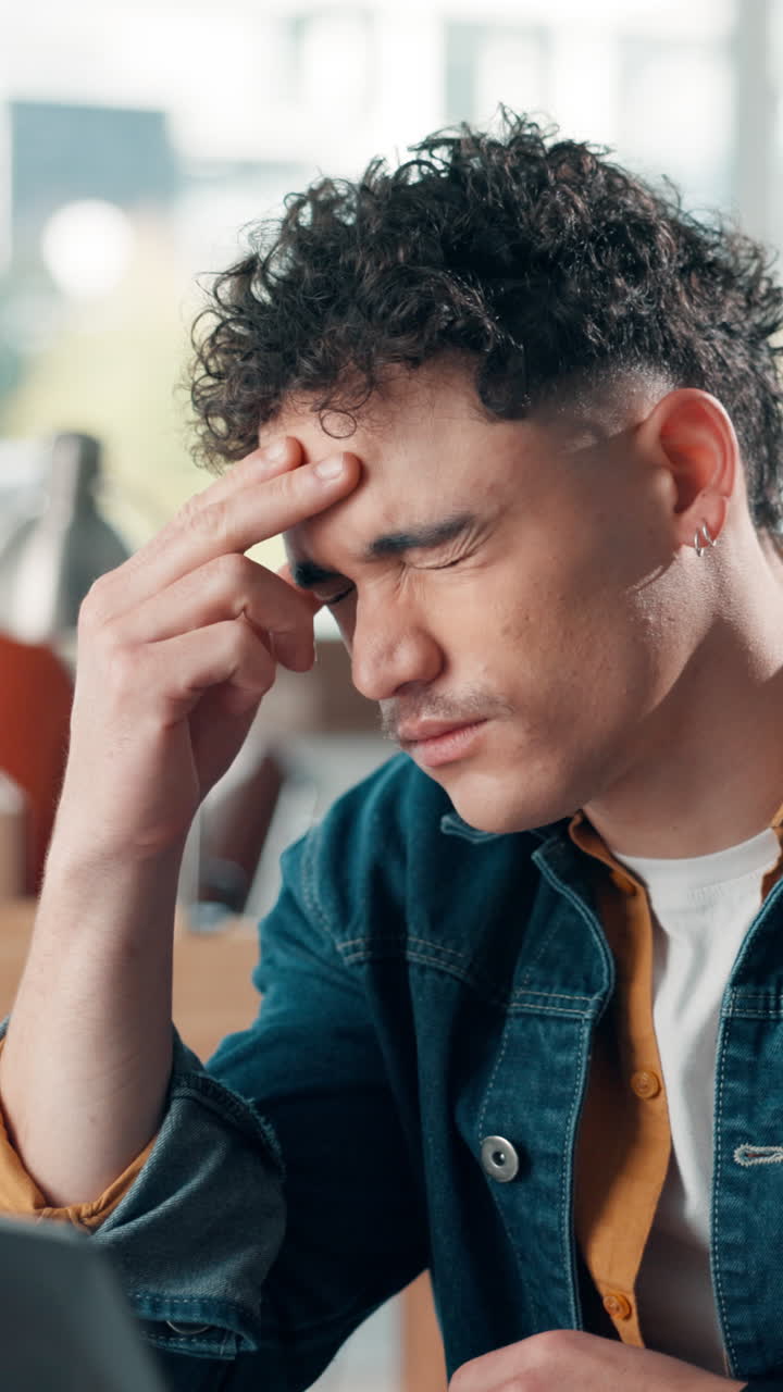 Young Man Experiencing Stress or Headache While Working