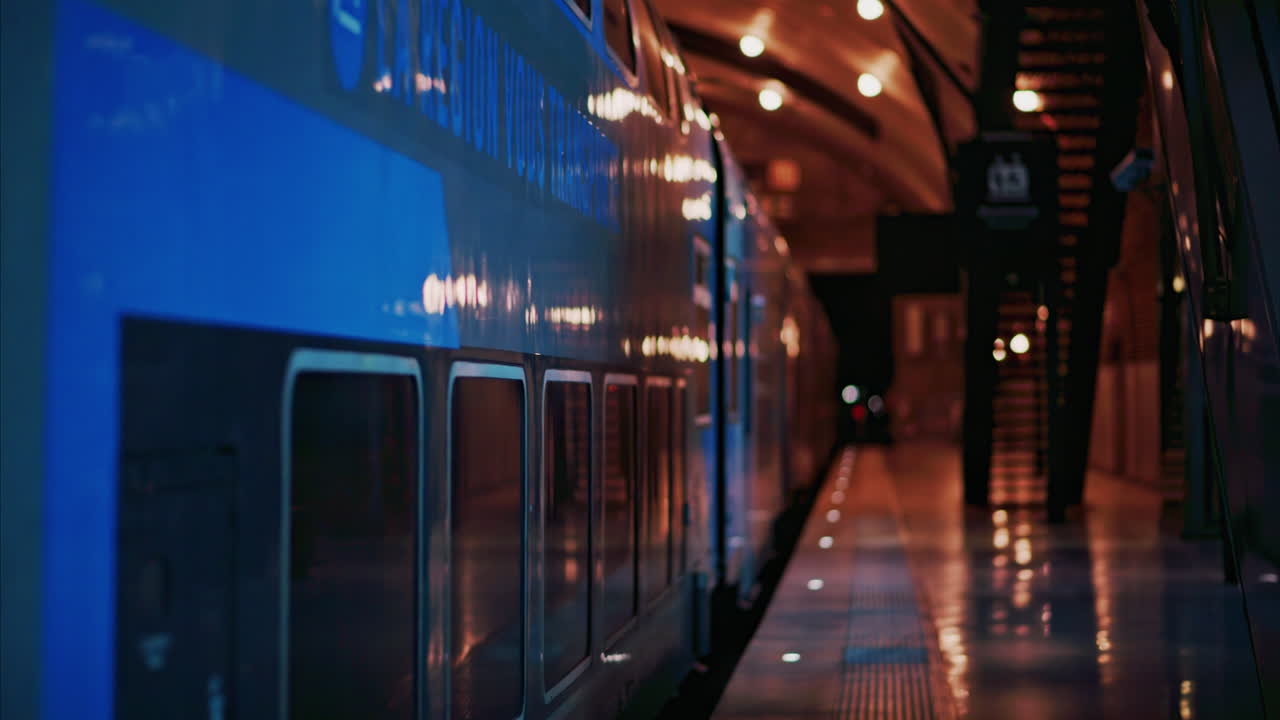 Blue train arriving at the station in the evening