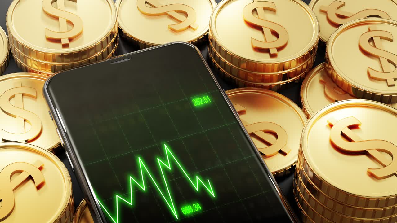 teléfono en dólar dinero moneda pantalla mercados de valores tendencia al alza gráfico dinámico