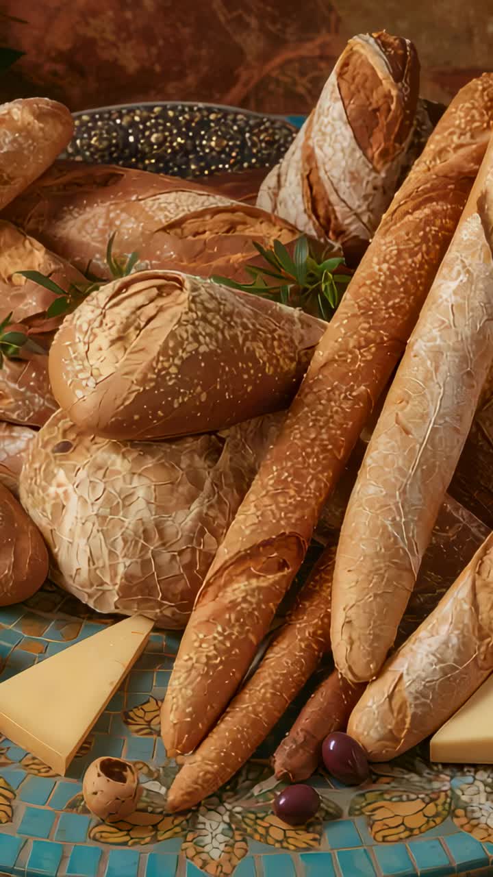 Vertical video: At start, camera panning right and zooming in on tile, showing baguettes and olives