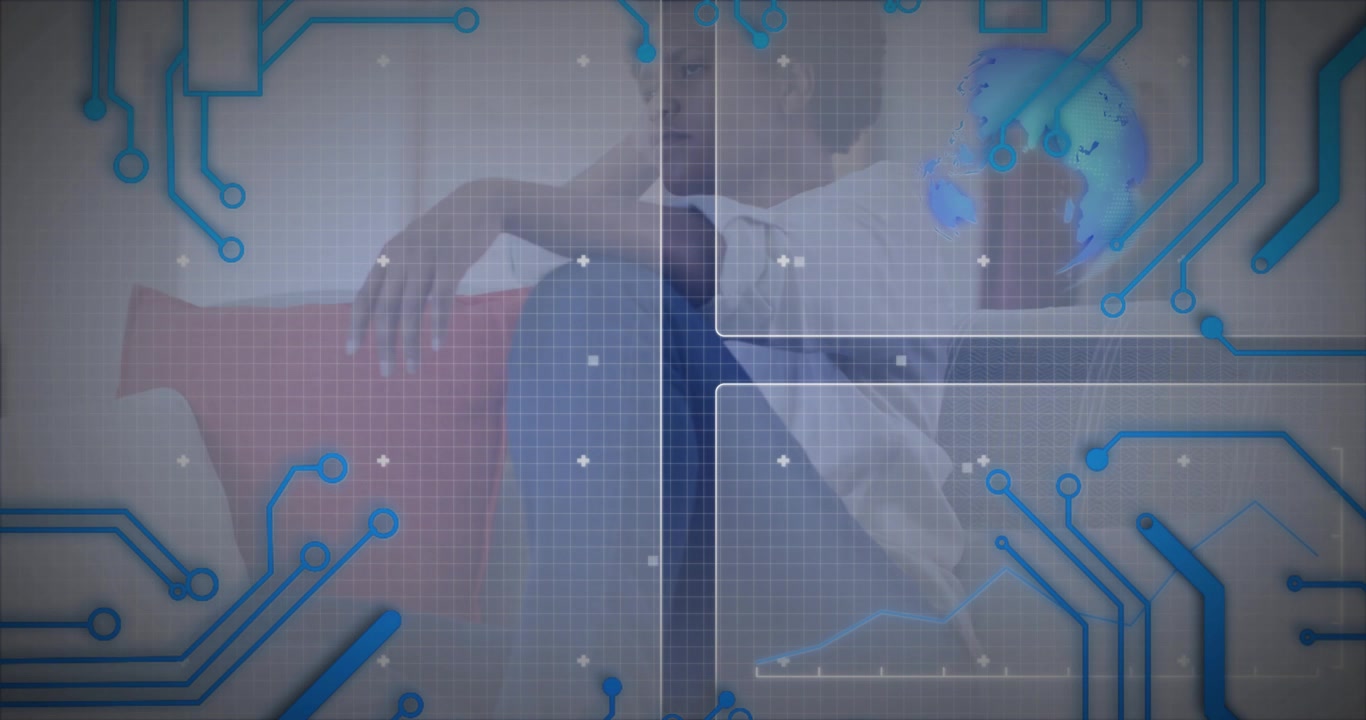 Woman on red sofa watching grid overlay fading into animating circuits growing chart for tech demo