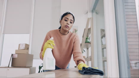 cleaning, spray and furniture with woman in living